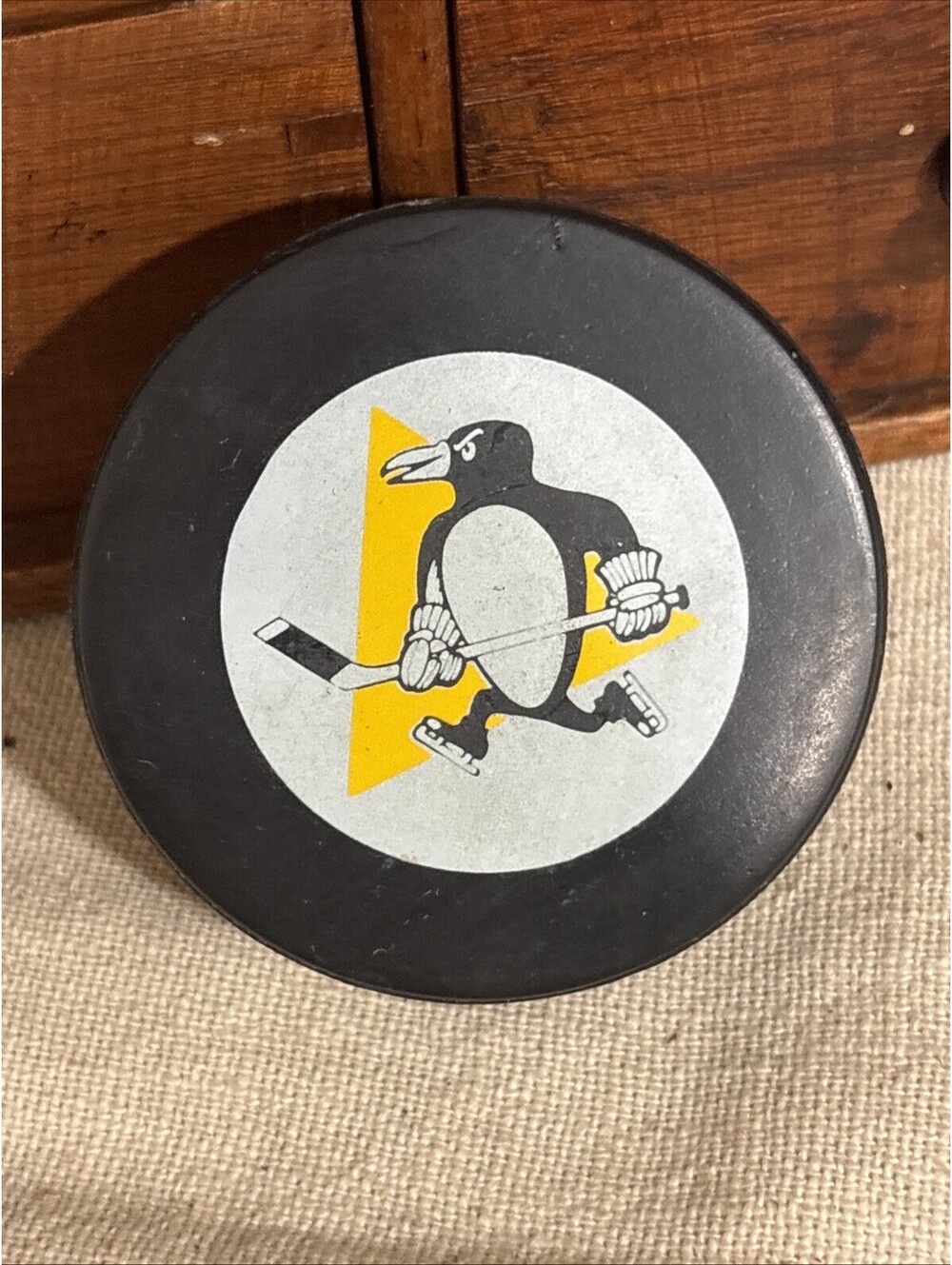 Vintage 1980’s Pittsburgh Penguins Inglasco Hockey Puck Autographed Michel Dion